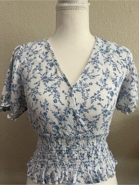 Blue Floral Smocked-Waist Women's Blouse